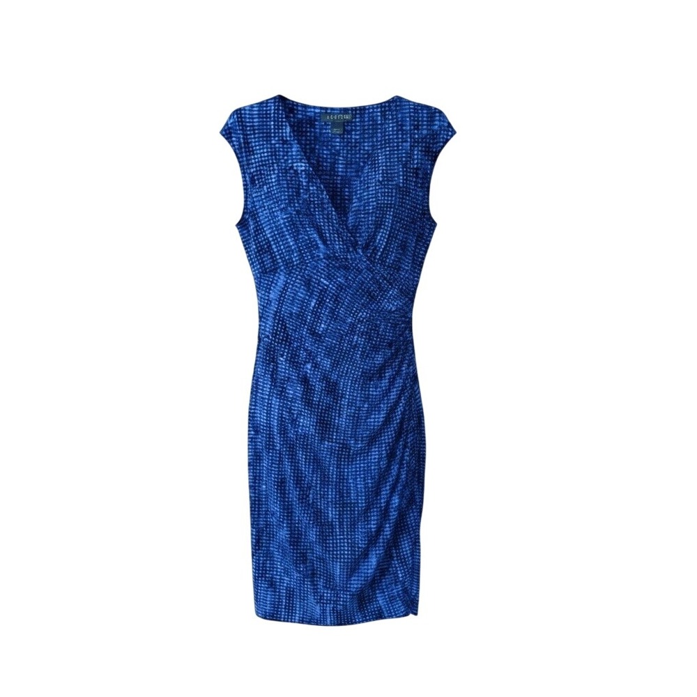 Lauren Ralph Lauren LRL Midi Sleeveless Dress Women's 8 Blue Geometric Faux Wrap